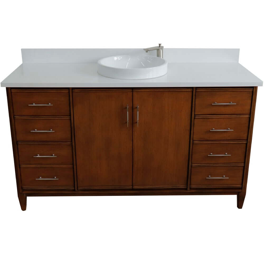 61" Single sink vanity in Walnut finish with White quartz and round sink - 400901-61S-WA-WERD