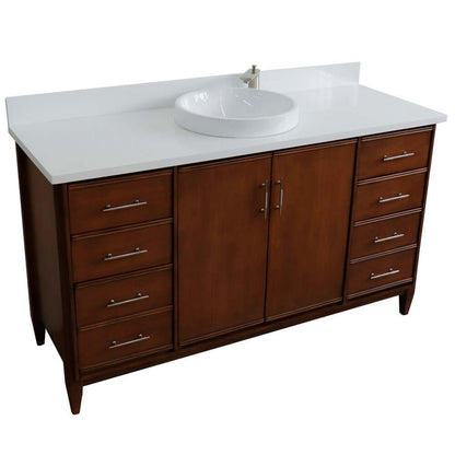 61" Single sink vanity in Walnut finish with White quartz and round sink - 400901-61S-WA-WERD