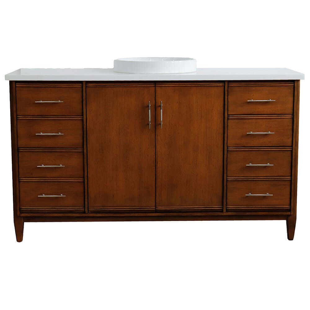 61" Single sink vanity in Walnut finish with White quartz and round sink - 400901-61S-WA-WERD