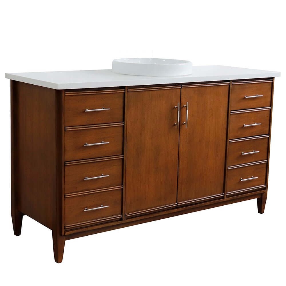 61" Single sink vanity in Walnut finish with White quartz and round sink - 400901-61S-WA-WERD