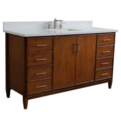 61" Single sink vanity in Walnut finish with White quartz and rectangle sink - 400901-61S-WA-WER