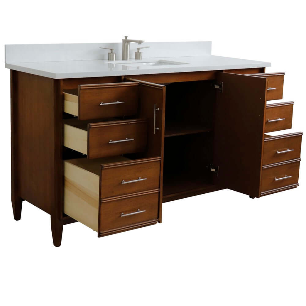 61" Single sink vanity in Walnut finish with White quartz and rectangle sink - 400901-61S-WA-WER