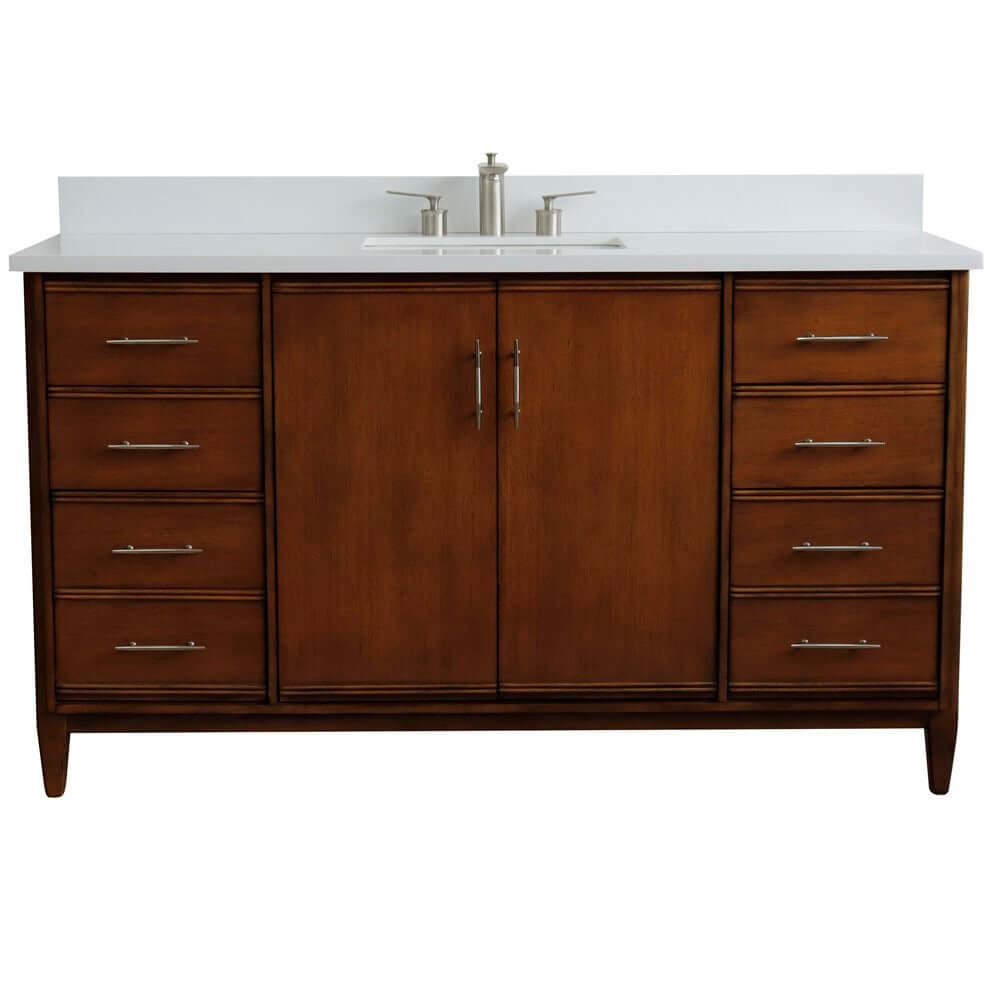 61" Single sink vanity in Walnut finish with White quartz and rectangle sink - 400901-61S-WA-WER