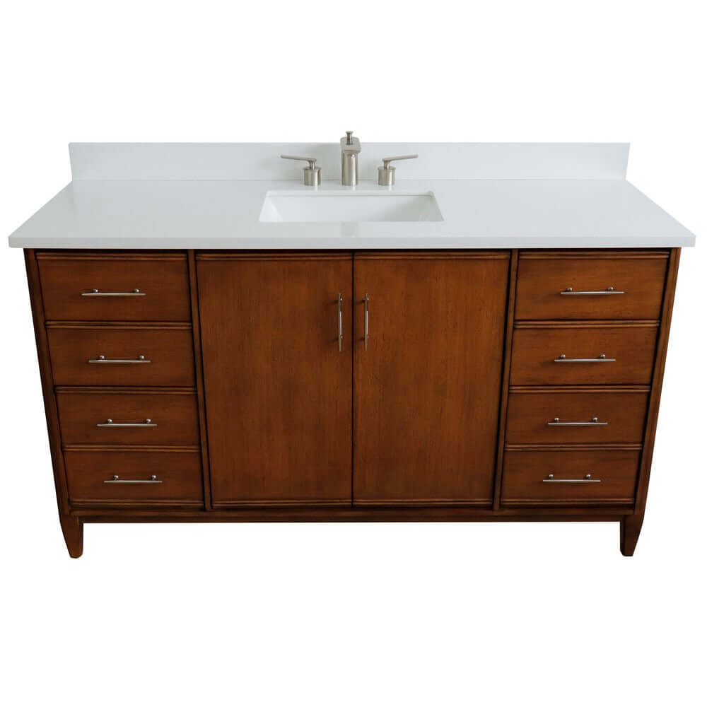 61" Single sink vanity in Walnut finish with White quartz and rectangle sink - 400901-61S-WA-WER