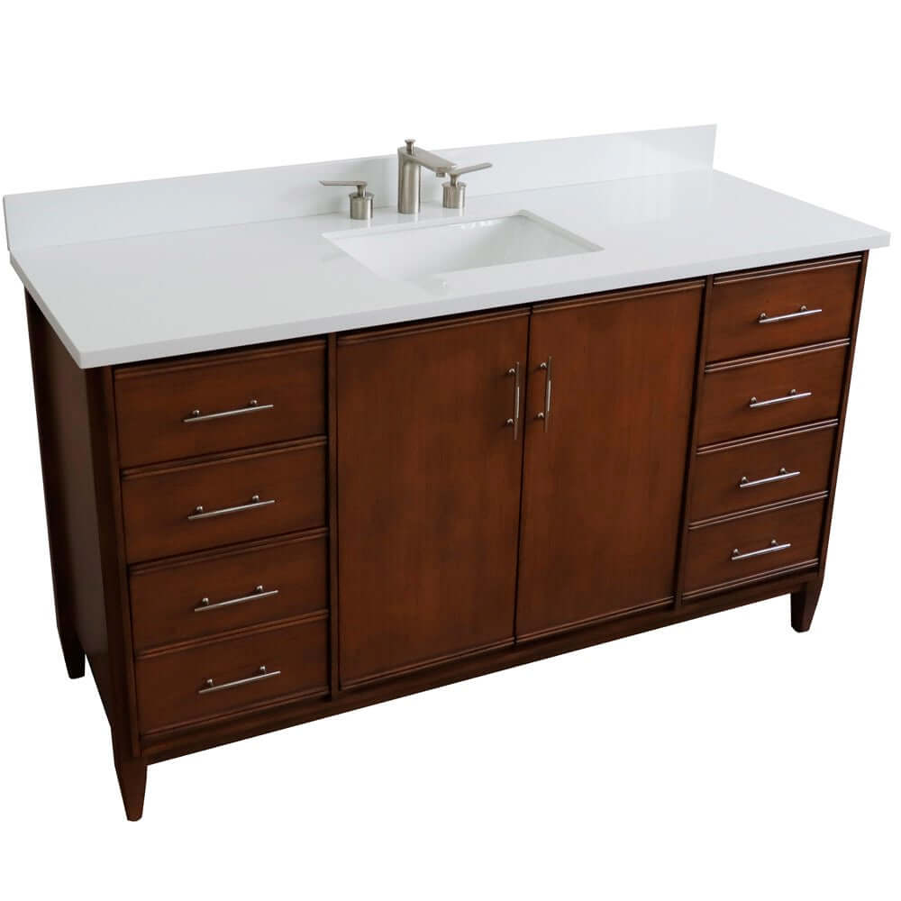 61" Single sink vanity in Walnut finish with White quartz and rectangle sink - 400901-61S-WA-WER