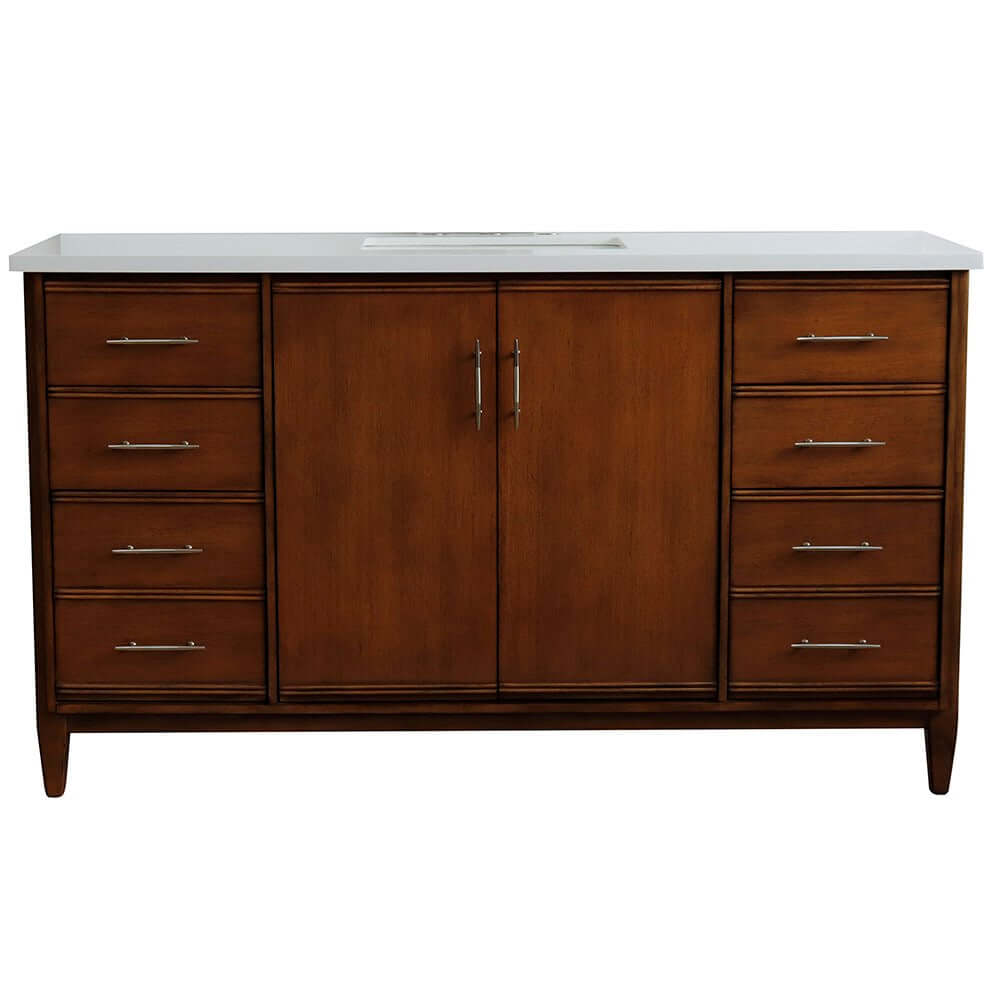 61" Single sink vanity in Walnut finish with White quartz and rectangle sink - 400901-61S-WA-WER