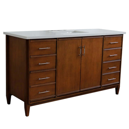 61" Single sink vanity in Walnut finish with White quartz and rectangle sink - 400901-61S-WA-WER