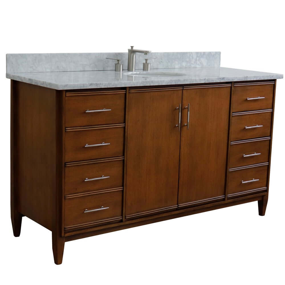 61" Single sink vanity in Walnut finish with White Carrara marble and oval sink - 400901-61S-WA-WMO