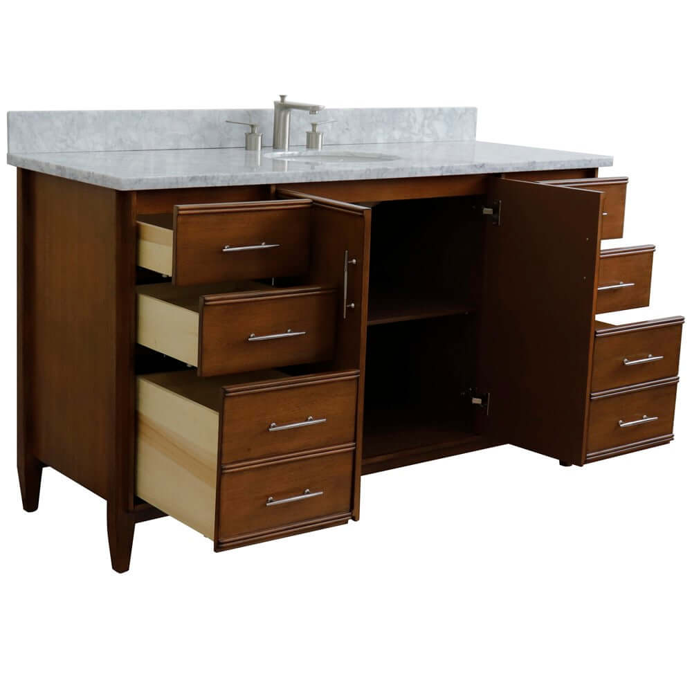 61" Single sink vanity in Walnut finish with White Carrara marble and oval sink - 400901-61S-WA-WMO