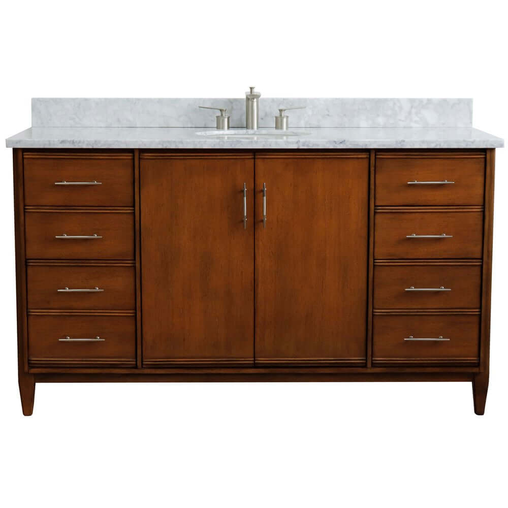 61" Single sink vanity in Walnut finish with White Carrara marble and oval sink - 400901-61S-WA-WMO