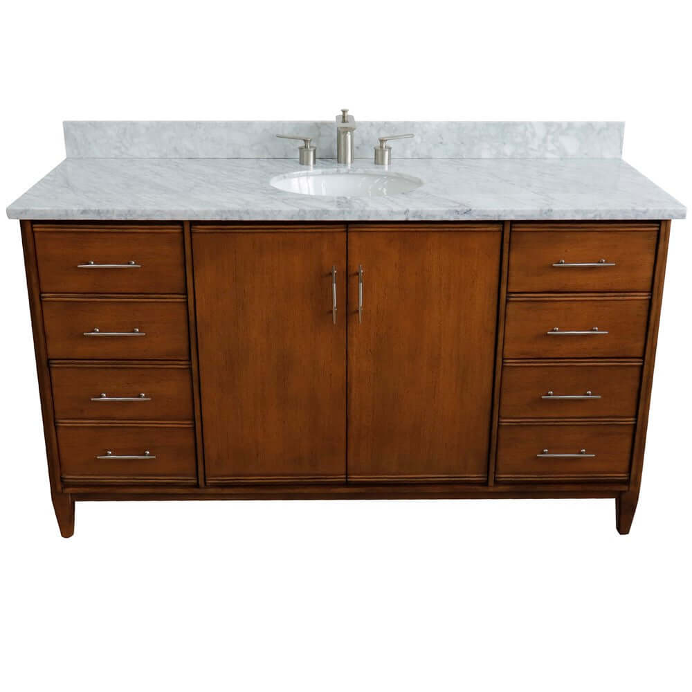 61" Single sink vanity in Walnut finish with White Carrara marble and oval sink - 400901-61S-WA-WMO