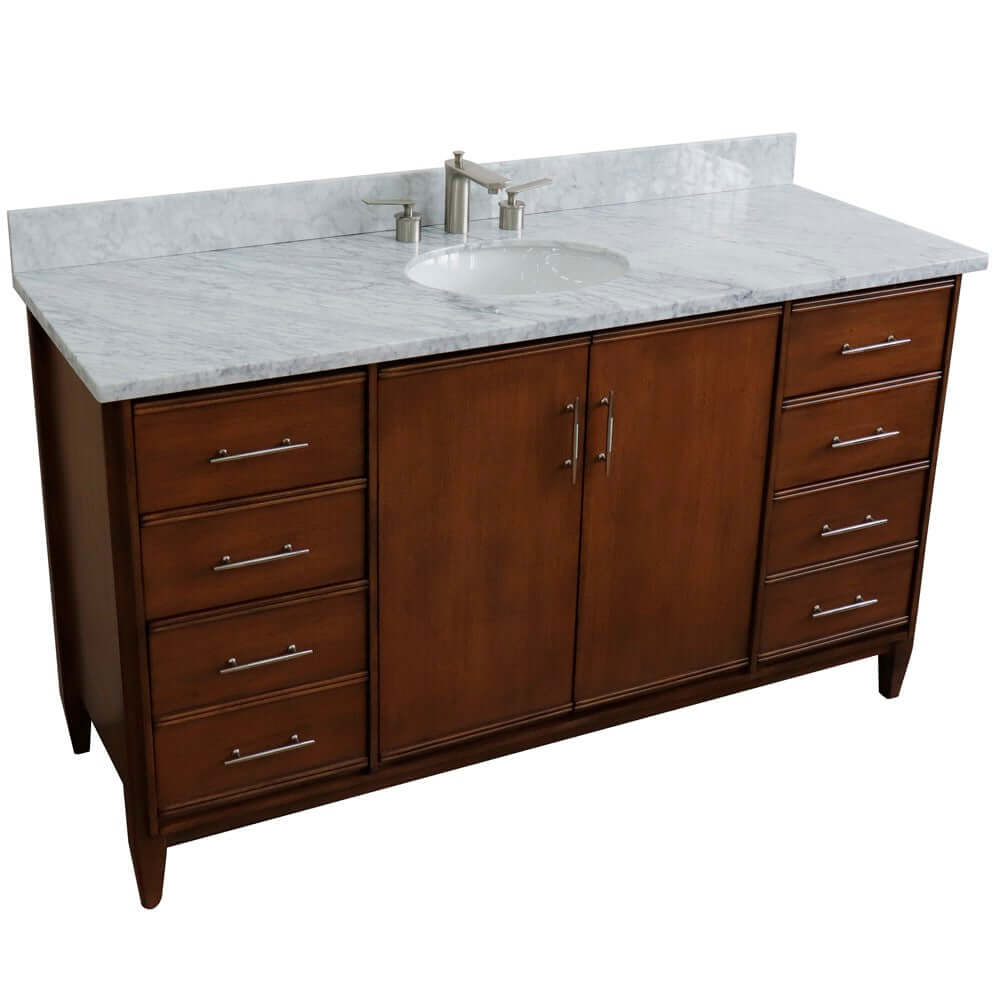 61" Single sink vanity in Walnut finish with White Carrara marble and oval sink - 400901-61S-WA-WMO