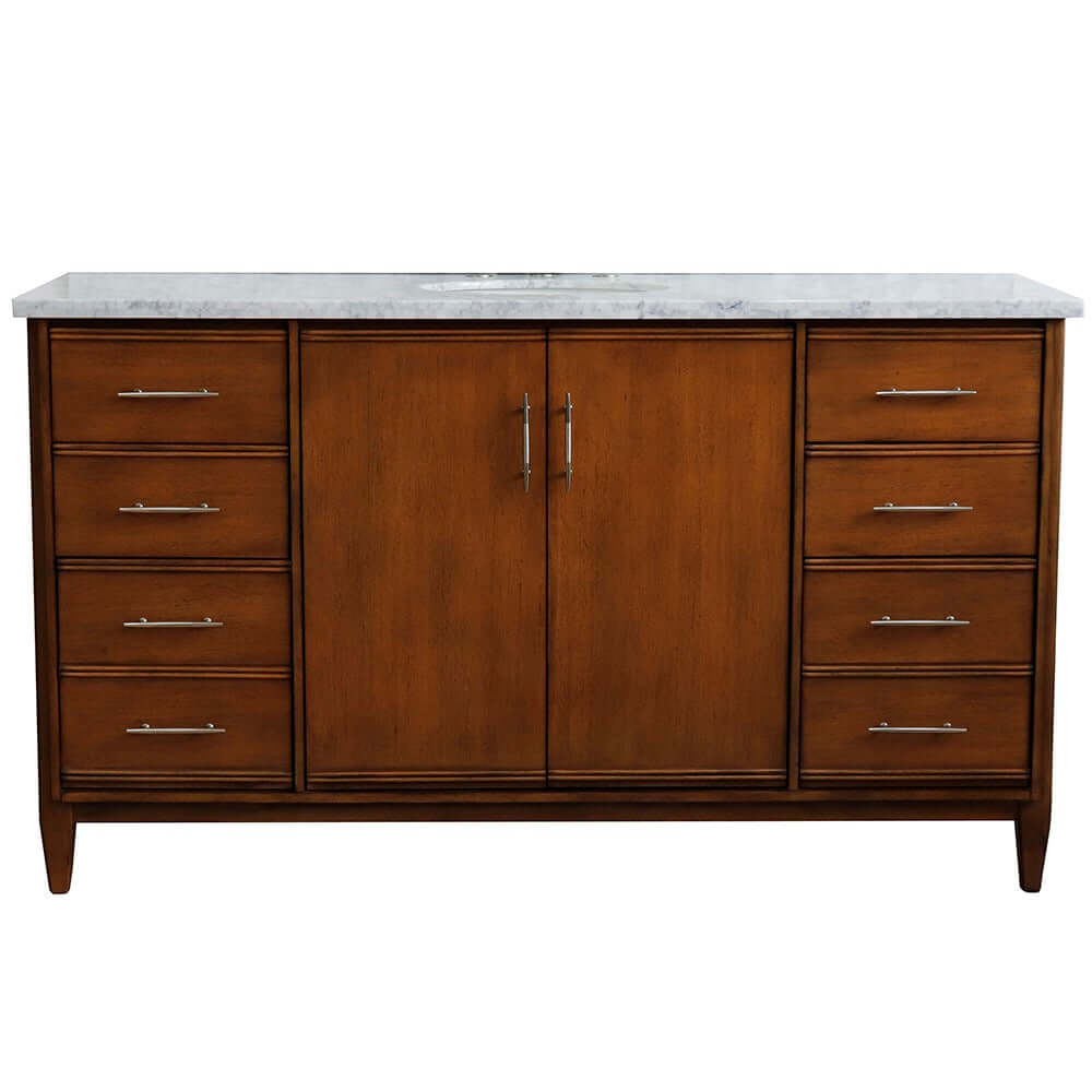 61" Single sink vanity in Walnut finish with White Carrara marble and oval sink - 400901-61S-WA-WMO