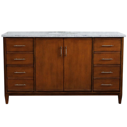 61" Single sink vanity in Walnut finish with White Carrara marble and oval sink - 400901-61S-WA-WMO