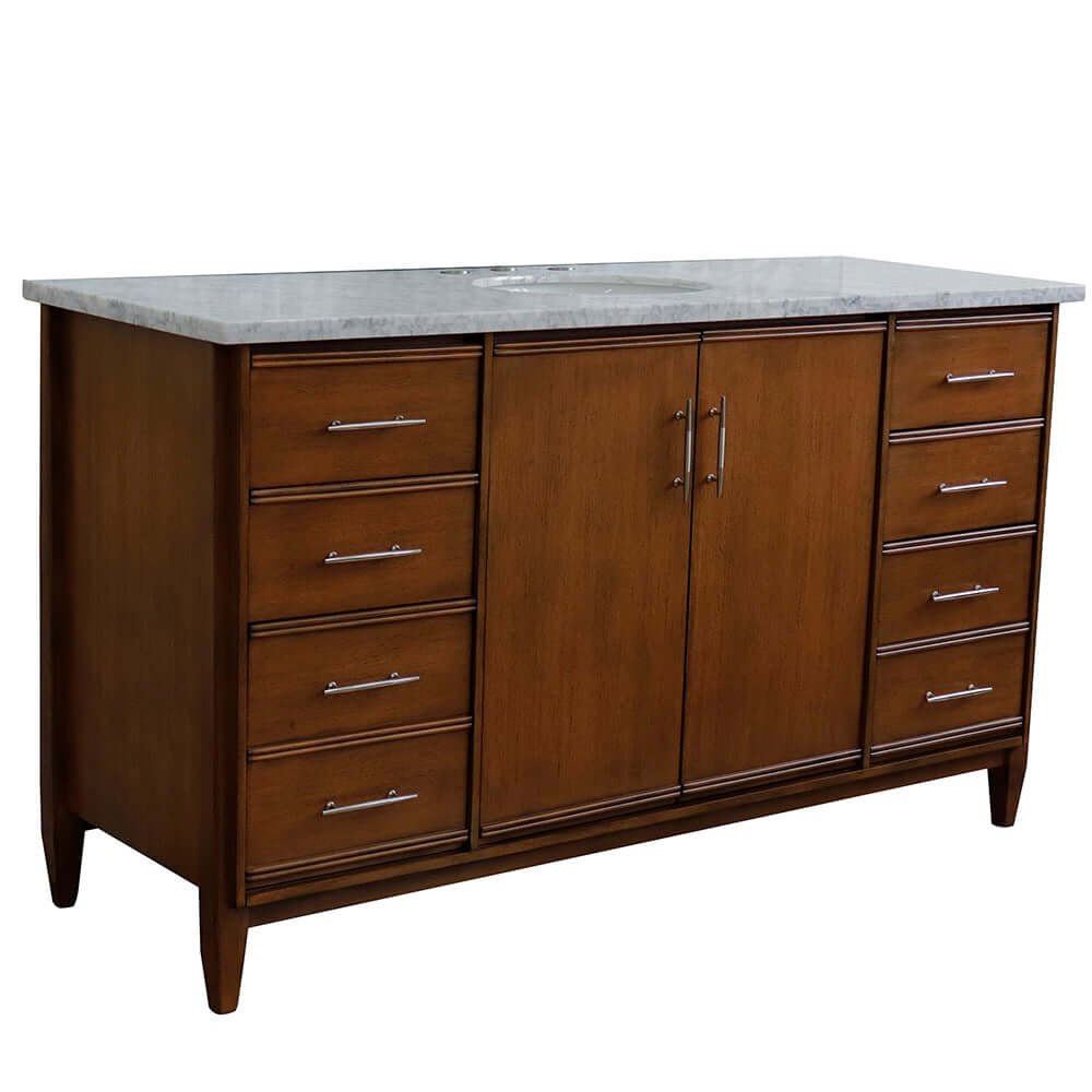 61" Single sink vanity in Walnut finish with White Carrara marble and oval sink - 400901-61S-WA-WMO