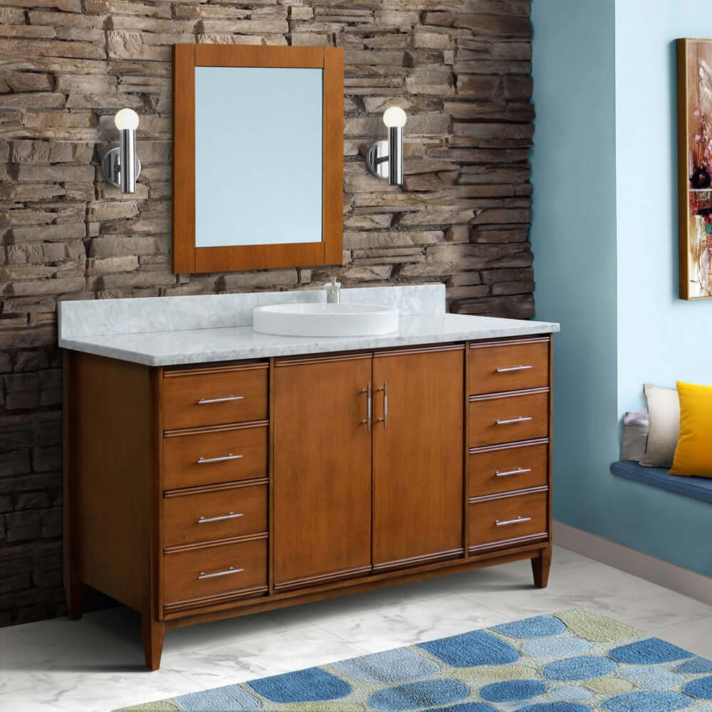 61" Single sink vanity in Walnut finish with White Carrara marble and round sink - 400901-61S-WA-WMRD