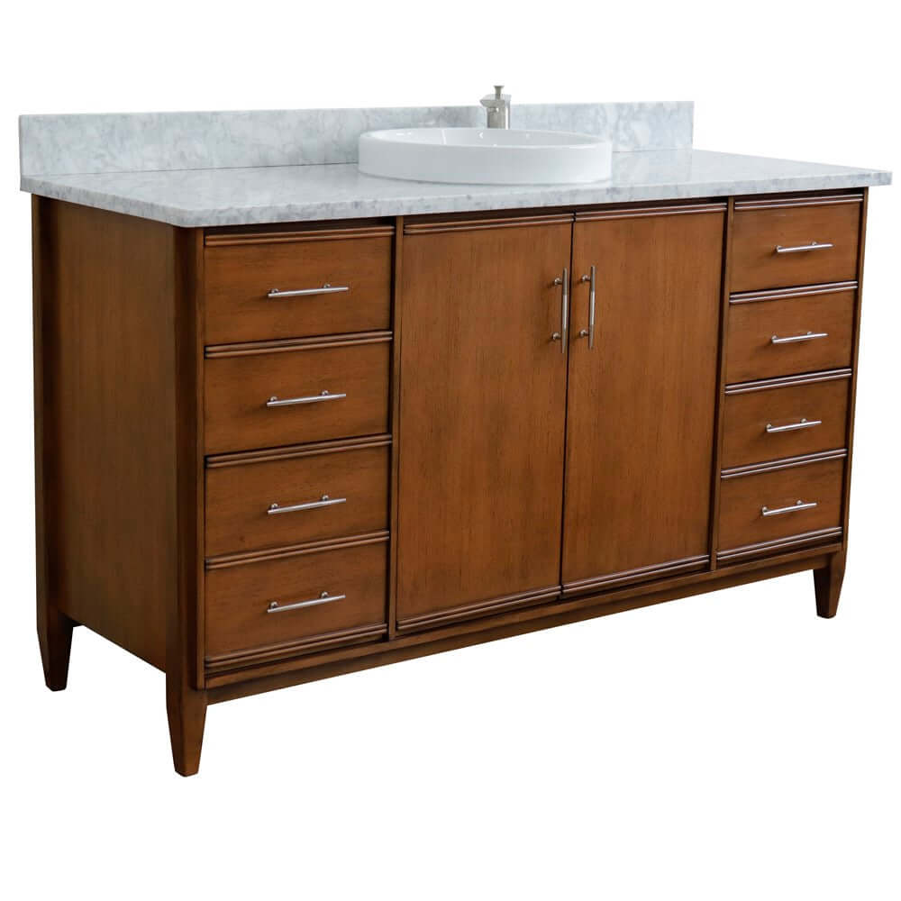 61" Single sink vanity in Walnut finish with White Carrara marble and round sink - 400901-61S-WA-WMRD