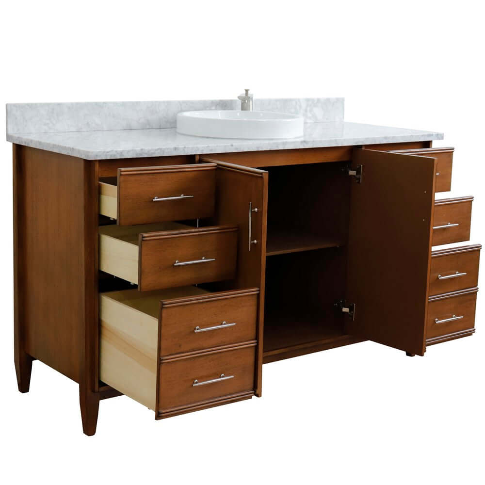 61" Single sink vanity in Walnut finish with White Carrara marble and round sink - 400901-61S-WA-WMRD