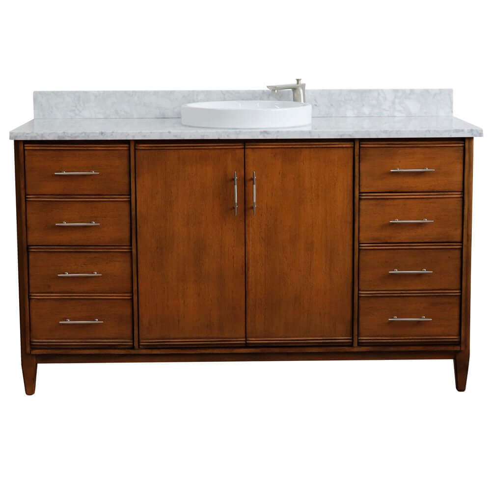 61" Single sink vanity in Walnut finish with White Carrara marble and round sink - 400901-61S-WA-WMRD