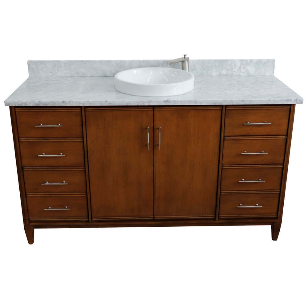 61" Single sink vanity in Walnut finish with White Carrara marble and round sink - 400901-61S-WA-WMRD