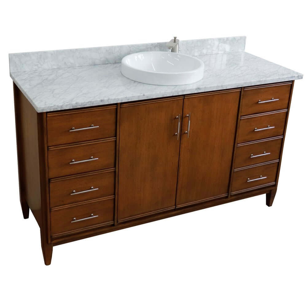 61" Single sink vanity in Walnut finish with White Carrara marble and round sink - 400901-61S-WA-WMRD