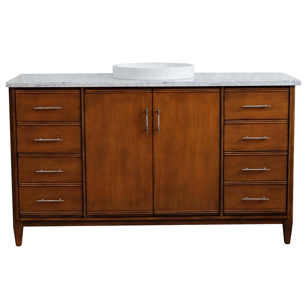 61" Single sink vanity in Walnut finish with White Carrara marble and round sink - 400901-61S-WA-WMRD