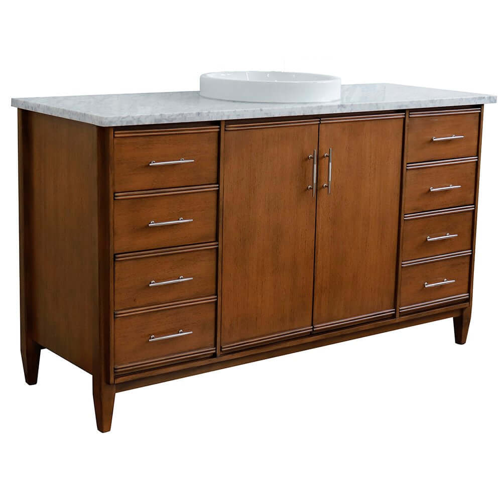 61" Single sink vanity in Walnut finish with White Carrara marble and round sink - 400901-61S-WA-WMRD