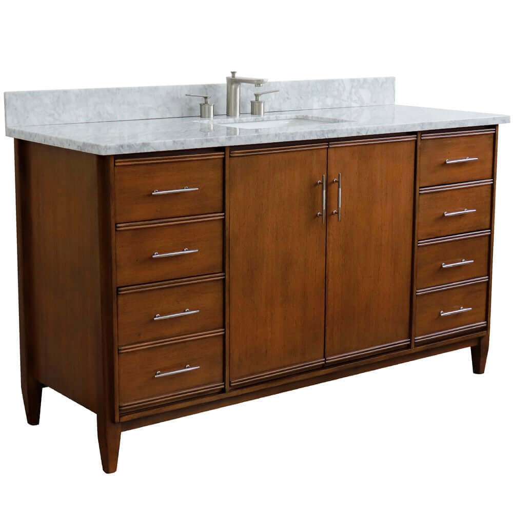 61" Single sink vanity in Walnut finish with White Carrara marble and rectangle sink - 400901-61S-WA-WMR