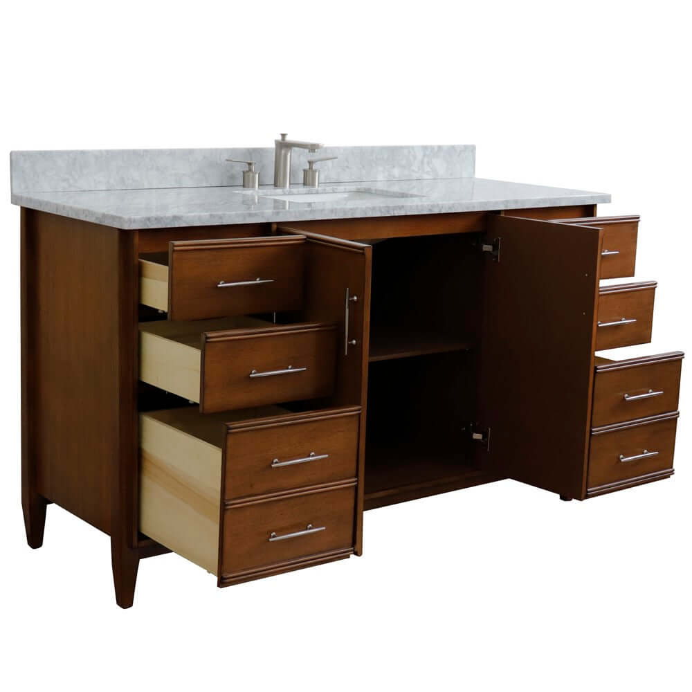 61" Single sink vanity in Walnut finish with White Carrara marble and rectangle sink - 400901-61S-WA-WMR