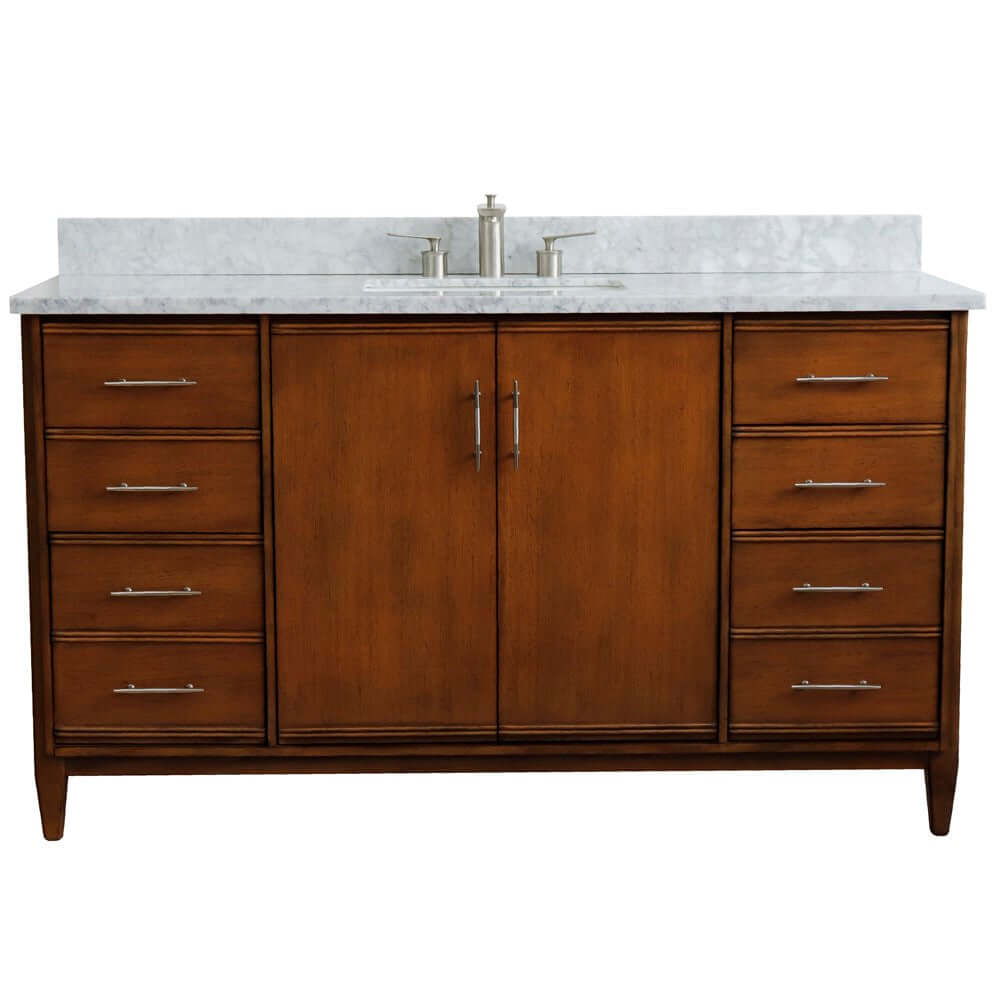 61" Single sink vanity in Walnut finish with White Carrara marble and rectangle sink - 400901-61S-WA-WMR