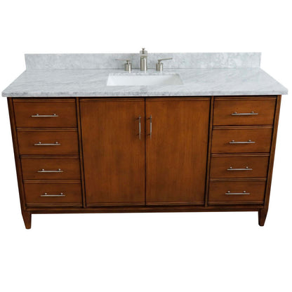 61" Single sink vanity in Walnut finish with White Carrara marble and rectangle sink - 400901-61S-WA-WMR