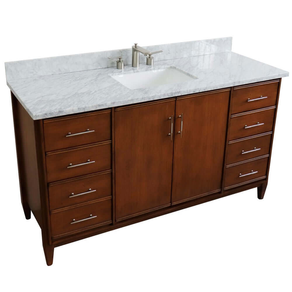 61" Single sink vanity in Walnut finish with White Carrara marble and rectangle sink - 400901-61S-WA-WMR