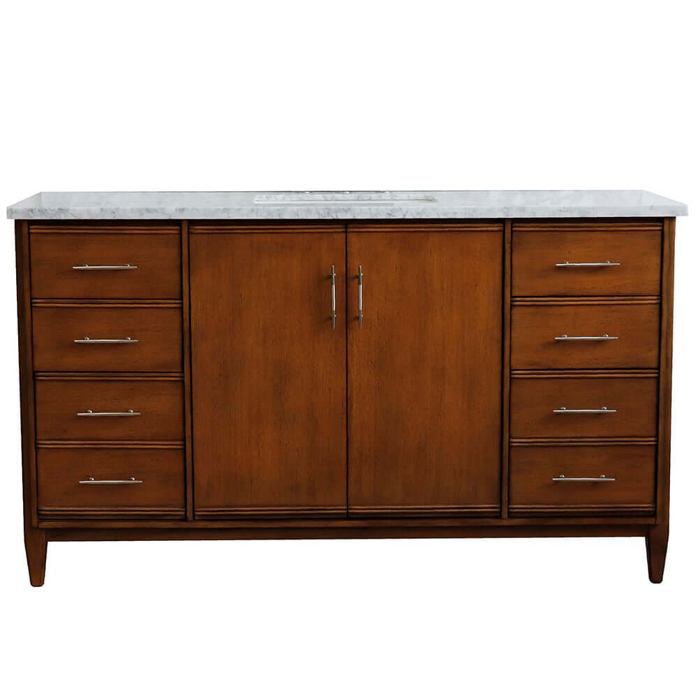 61" Single sink vanity in Walnut finish with White Carrara marble and rectangle sink - 400901-61S-WA-WMR