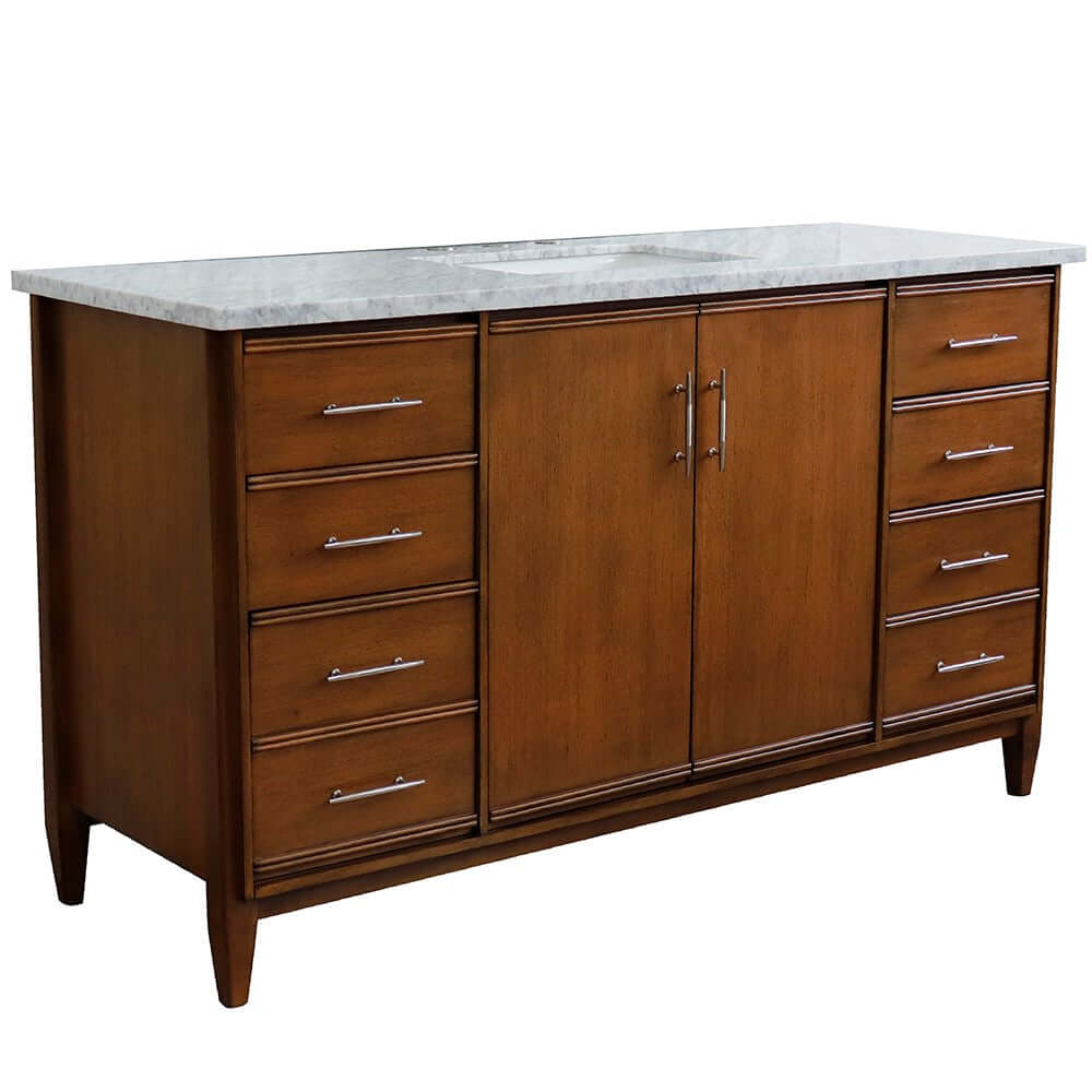 61" Single sink vanity in Walnut finish with White Carrara marble and rectangle sink - 400901-61S-WA-WMR