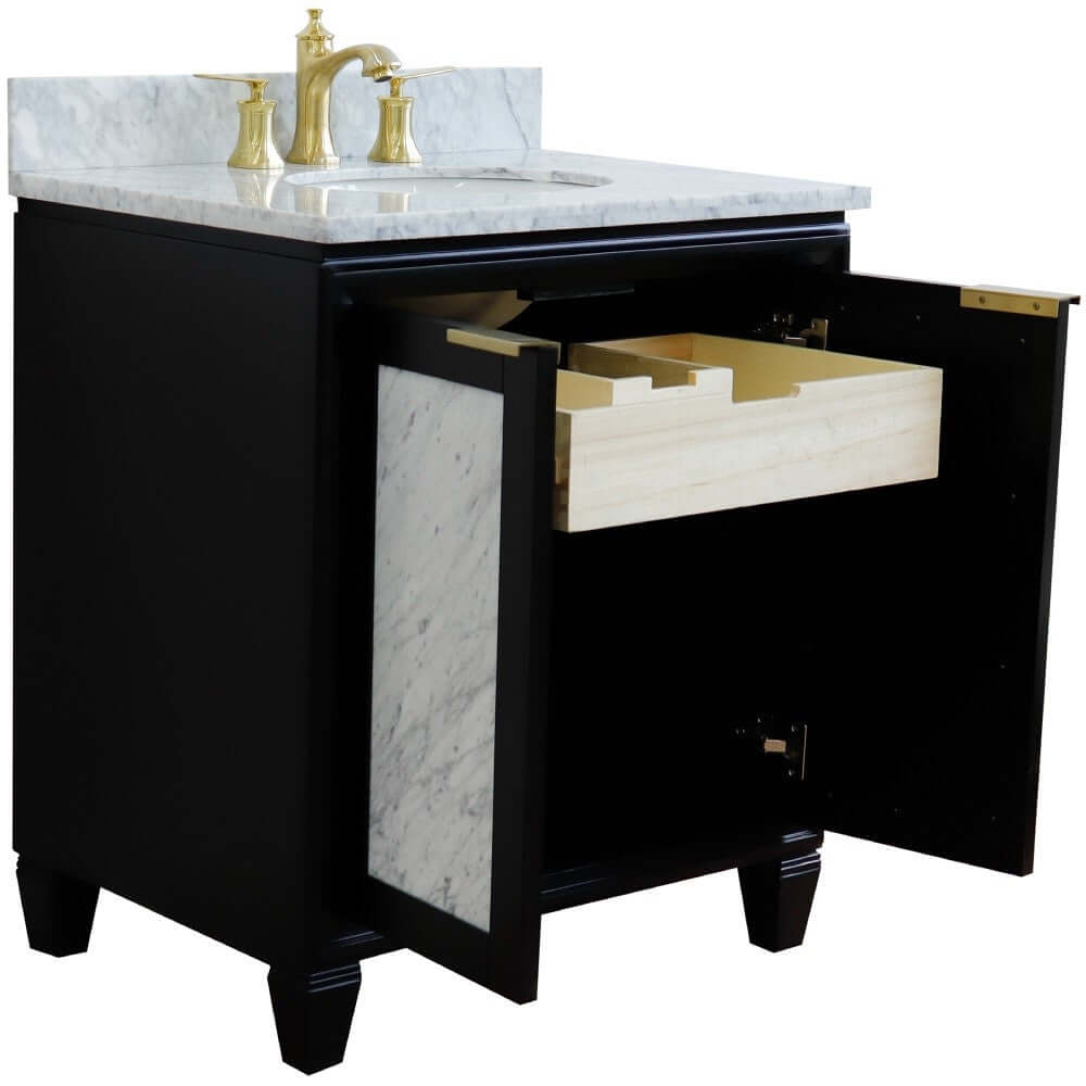 31" Single sink vanity in Black finish with White Carrara marble with oval sink - 400990-31-BL-WMO