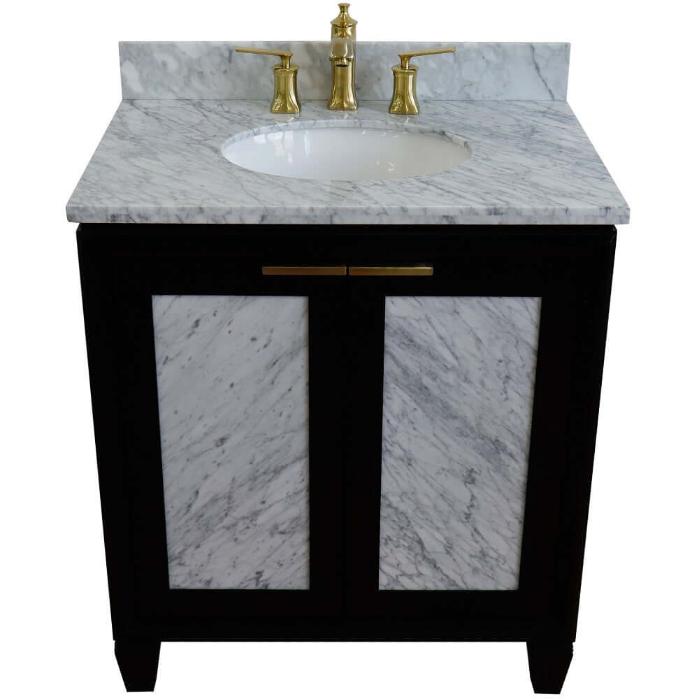 31" Single sink vanity in Black finish with White Carrara marble with oval sink - 400990-31-BL-WMO