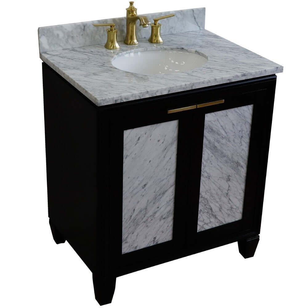 31" Single sink vanity in Black finish with White Carrara marble with oval sink - 400990-31-BL-WMO