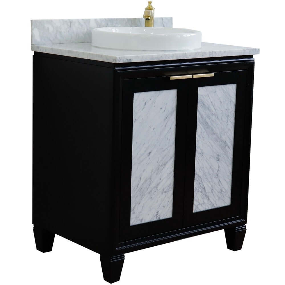 31" Single sink vanity in Black finish with White Carrara marble with round sink - 400990-31-BL-WMRD