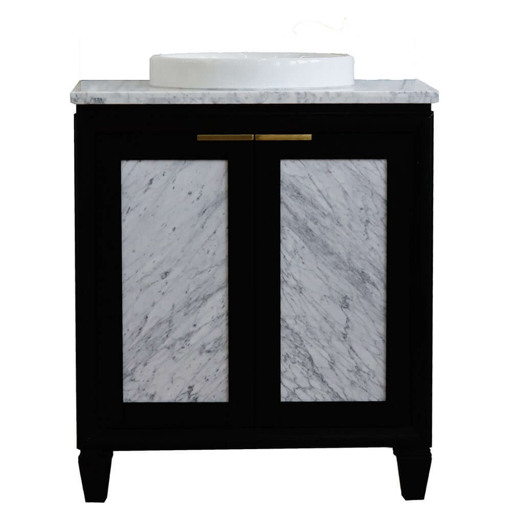 31" Single sink vanity in Black finish with White Carrara marble with round sink - 400990-31-BL-WMRD