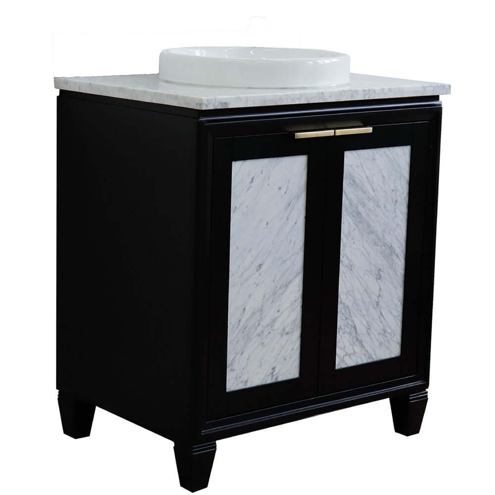 31" Single sink vanity in Black finish with White Carrara marble with round sink - 400990-31-BL-WMRD