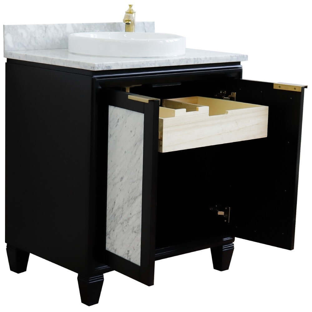 31" Single sink vanity in Black finish with White Carrara marble with round sink - 400990-31-BL-WMRD