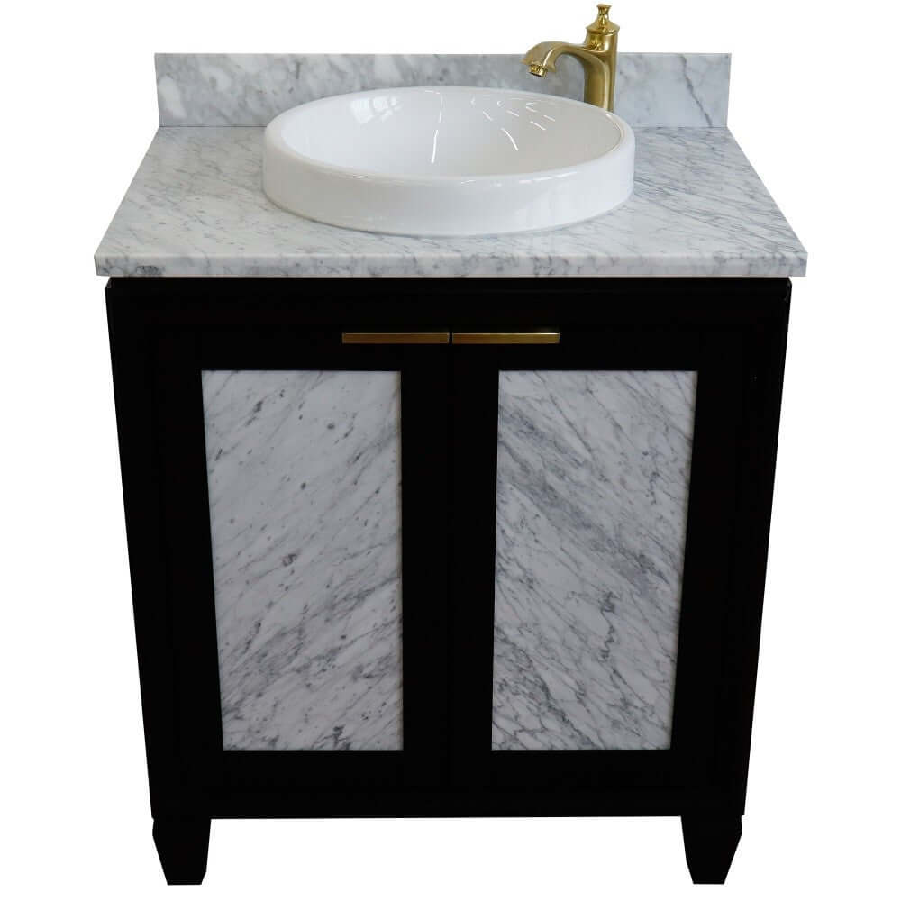 31" Single sink vanity in Black finish with White Carrara marble with round sink - 400990-31-BL-WMRD