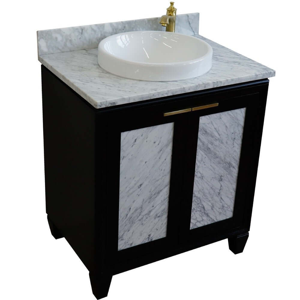 31" Single sink vanity in Black finish with White Carrara marble with round sink - 400990-31-BL-WMRD