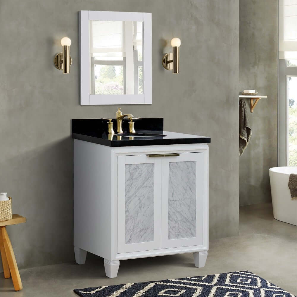 31" Single sink vanity in White finish with Black galaxy granite with oval sink - 400990-31-WH-BGO