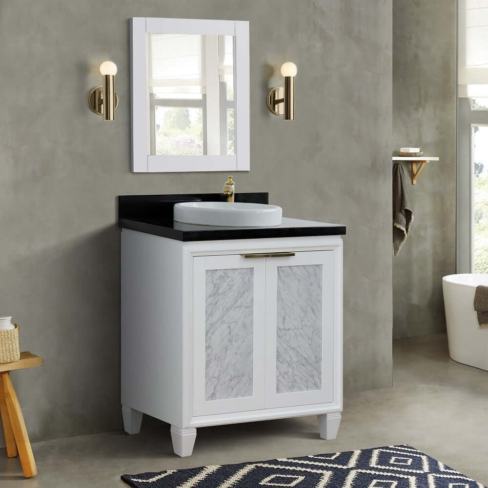 31" Single sink vanity in White finish with Black galaxy granite with round sink - 400990-31-WH-BGRD