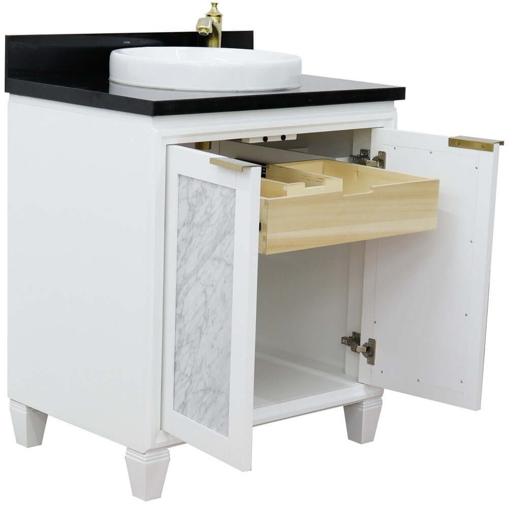 31" Single sink vanity in White finish with Black galaxy granite with round sink - 400990-31-WH-BGRD