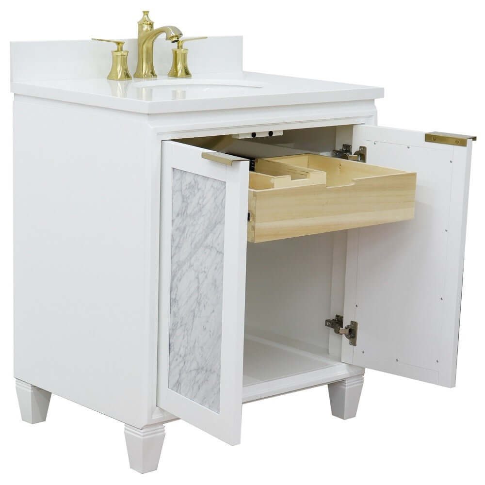 31" Single sink vanity in White finish with White quartz with oval sink - 400990-31-WH-WEO