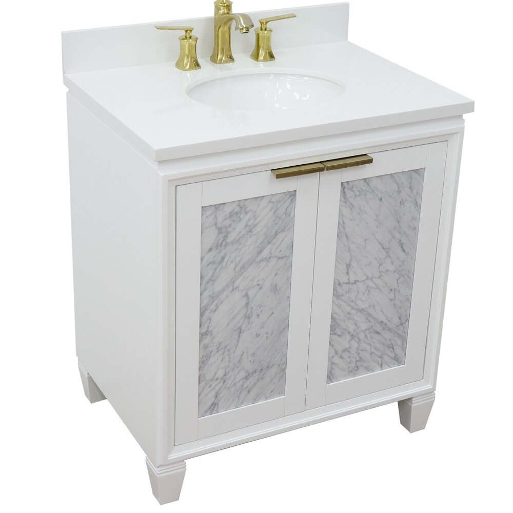 31" Single sink vanity in White finish with White quartz with oval sink - 400990-31-WH-WEO