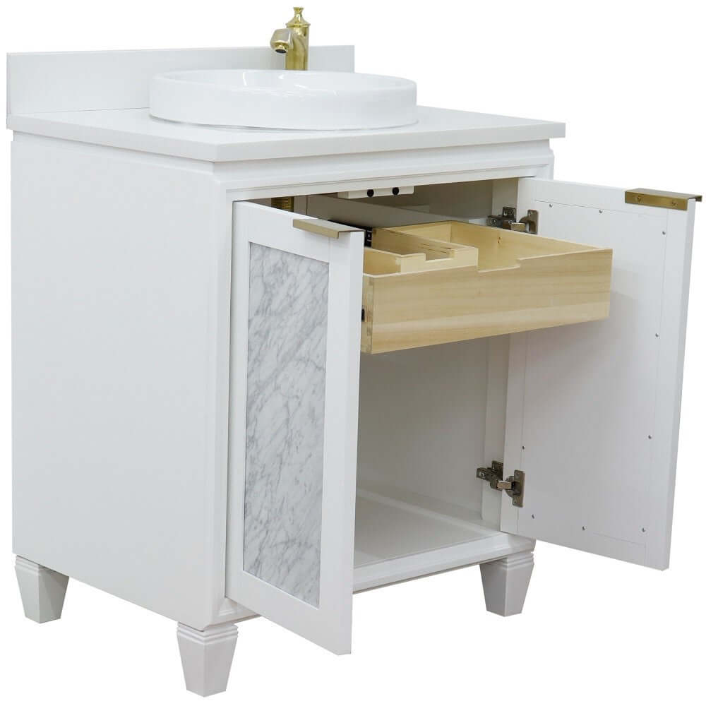 31" Single sink vanity in White finish with White quartz with round sink - 400990-31-WH-WERD