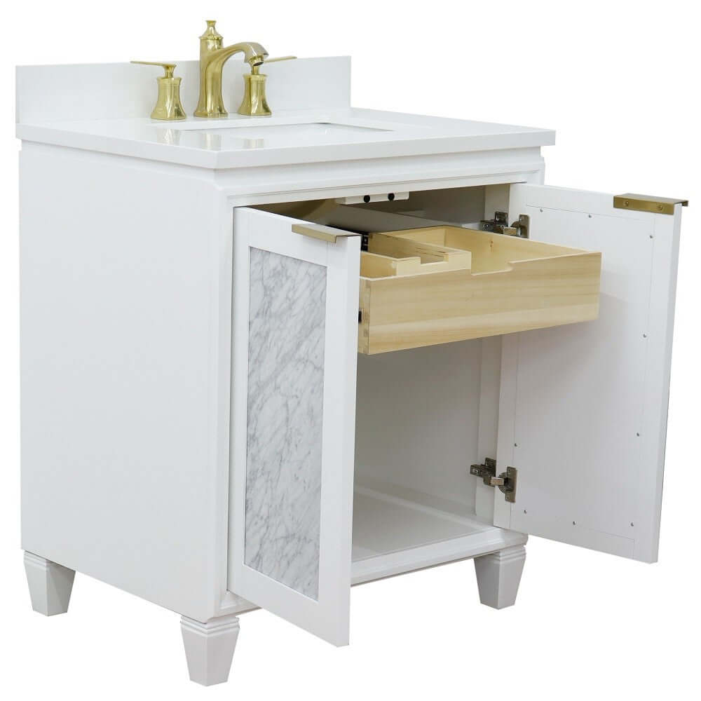 31" Single sink vanity in White finish with White quartz with rectangle sink - 400990-31-WH-WER